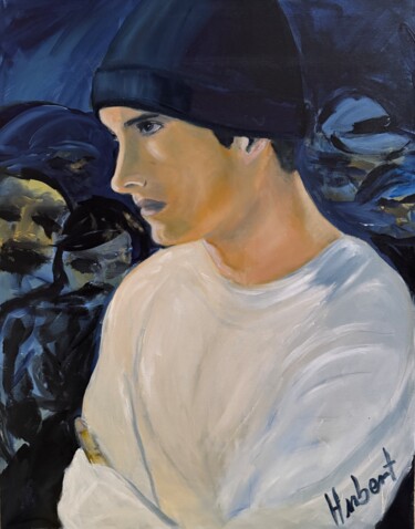 Schilderij getiteld "Eminem" door Hubert Lerner, Origineel Kunstwerk, Olie Gemonteerd op Frame voor houten brancard