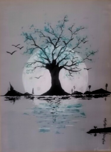 Ζωγραφική με τίτλο "Arbre lune" από Florent Franquelin, Αυθεντικά έργα τέχνης, Ακρυλικό Τοποθετήθηκε στο Ξύλινο φορείο σκελε…