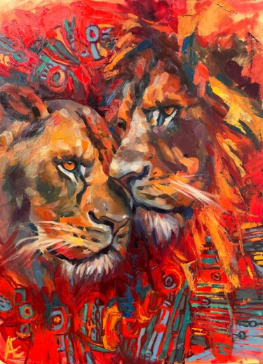 Ζωγραφική με τίτλο "Une paire de lions.…" από Elena Recondo, Αυθεντικά έργα τέχνης, Λάδι Τοποθετήθηκε στο Ξύλινο φορείο σκελ…