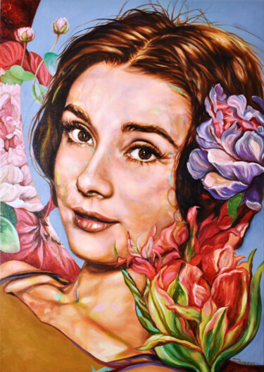 Painting titled "Audrey Hepburn Flow…" by Doreen Koch, Original Artwork, Oil Mounted on Wood Stretcher frame