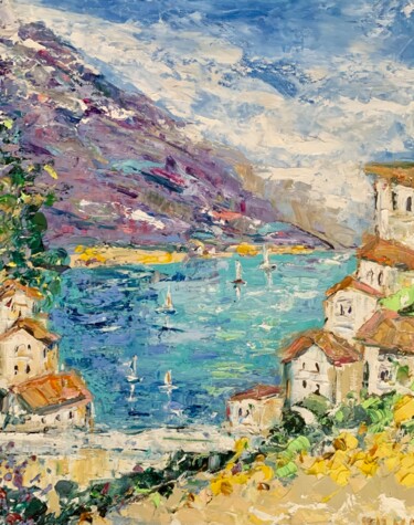 Painting titled "Italian Village Sea…" by Vilma Gataveckiene, Original Artwork, Oil