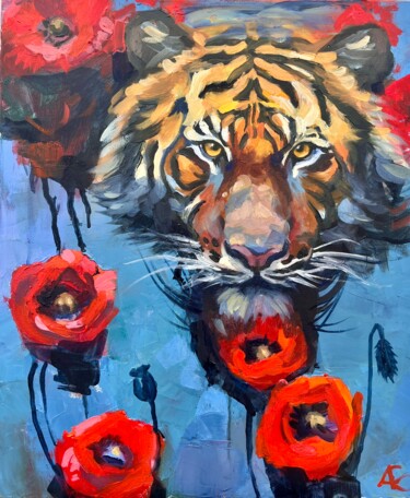 Malerei mit dem Titel "Tigre sur le lac au…" von Elena Recondo, Original-Kunstwerk, Öl Auf Keilrahmen aus Holz montiert