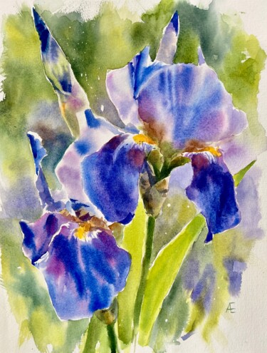 Schilderij getiteld "Irises bleus. Peint…" door Elena Recondo, Origineel Kunstwerk, Aquarel