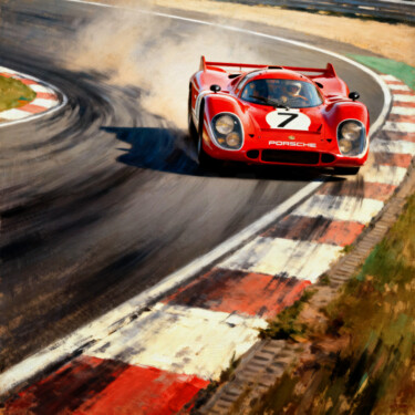 Red Porsche 917 Racing Through a Sharp Turn"