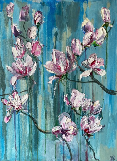 Painting titled "Pink Magnolia Oil P…" by Mily Art, Original Artwork, Oil Mounted on Wood Stretcher frame