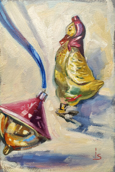 Schilderij getiteld "Aunt Duck and Spinn…" door Irina Sergeyeva, Origineel Kunstwerk, Olie Gemonteerd op Andere stijve panel…