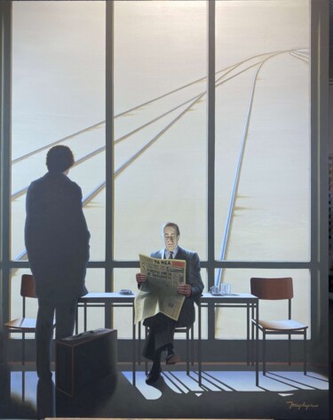 Painting titled "LEAVING" by Manolis Maridakis, Original Artwork, Oil Mounted on Wood Stretcher frame