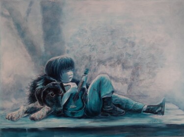 Painting titled "Garçon sur un banc" by Colette Tournier, Original Artwork, Acrylic Mounted on Wood Stretcher frame