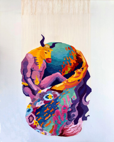 Art textile intitulée "Minotaure sortant d…" par Luca Lecasble (Triton), Œuvre d'art originale, Tapisserie