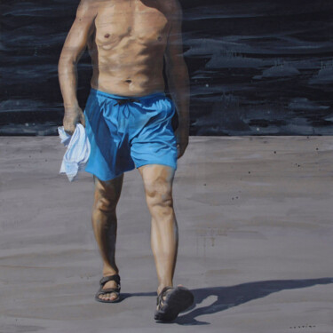 Ζωγραφική με τίτλο "Le short bleu" από Marylin Cavin, Αυθεντικά έργα τέχνης, Λάδι Τοποθετήθηκε στο Ξύλινο φορείο σκελετό