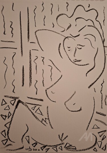 Dessin intitulée "Nue dans la chambre" par Roberto Urbano, Œuvre d'art originale, Fusain