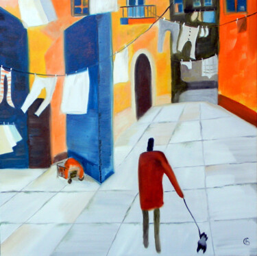 Painting titled "The Neighborhood." by Svetlana Bagdasaryan, Original Artwork, Oil Mounted on Wood Stretcher frame