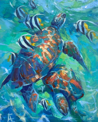 Ζωγραφική με τίτλο "Deux tortues entour…" από Elena Recondo, Αυθεντικά έργα τέχνης, Λάδι Τοποθετήθηκε στο Ξύλινο φορείο σκελ…