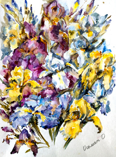 Pintura titulada "Dance of Irises" por Olha Osmak, Obra de arte original, Acuarela