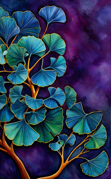 绘画 标题为“Blue Ginkgo” 由L.Roche, 原创艺术品, 丙烯 安装在其他刚性面板上