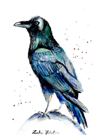 Painting titled "Common Raven Origin…" by Luba Kholov, Original Artwork, Watercolor