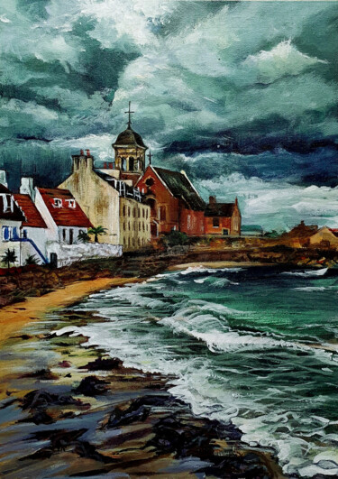 Painting titled "Harbour in Kinghorn" by Anna Efremova (Perekrestova), Original Artwork, Acrylic Mounted on Cardboard