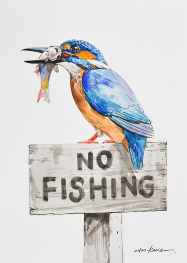 Painting titled "kingfisher3" by Kang Zhou, Original Artwork, Watercolor