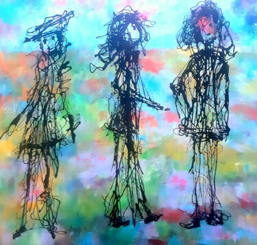 Peinture intitulée "Les 3 gamines" par Sophie - Sof Voigt - Chadeyron, Œuvre d'art originale, Pigments