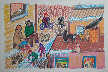 Painting titled "bright . naive styl…" by Evgenia Rod Borovikova, Original Artwork, Acrylic Mounted on Cardboard