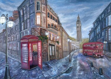 Painting titled ""London Evening"" by Natalia Savonina, Original Artwork, Oil Mounted on Wood Stretcher frame