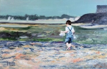 Painting titled "Je vais à la pêche…" by Anne-Gaelle Greze, Original Artwork, Oil Mounted on Wood Stretcher frame