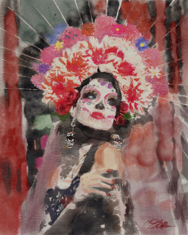 Ζωγραφική με τίτλο "The Face of Catrina" από Sheryl Gillum, Αυθεντικά έργα τέχνης, Ακουαρέλα