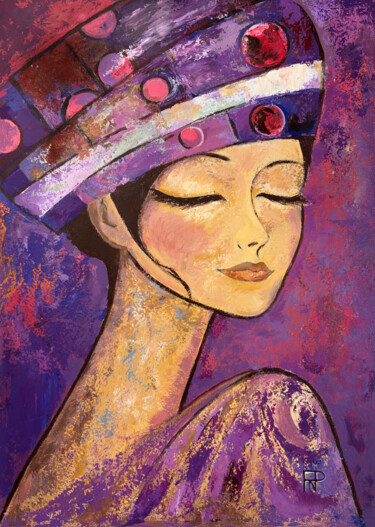 Painting titled "Woman on a purple b…" by Natalia Piarno, Original Artwork, Acrylic