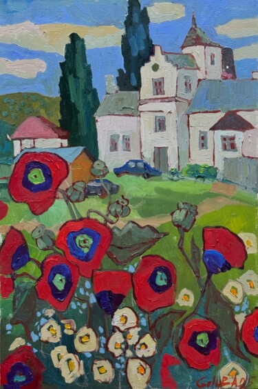 Peinture intitulée "Red poppies in the…" par Ann Golub, Œuvre d'art originale, Huile Monté sur Châssis en bois