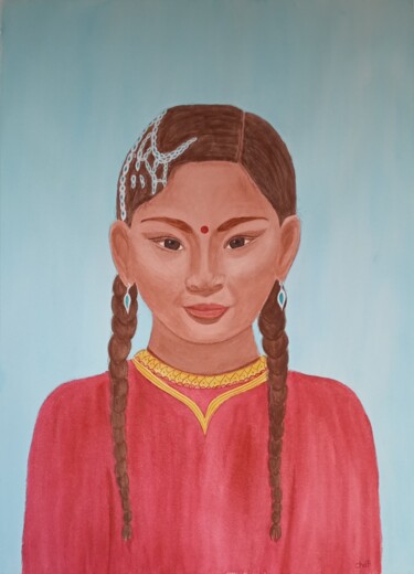 Peinture intitulée "La jeune népalaise" par Christine De Bast, Œuvre d'art originale, Aquarelle