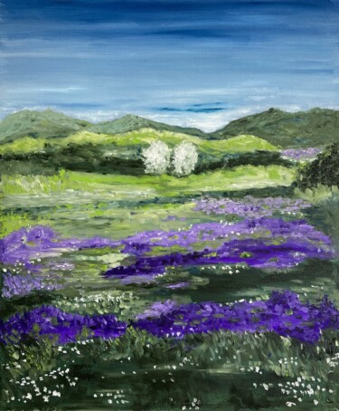 Painting titled "Purple meadows" by Hajnalka Fellmann, Original Artwork, Oil Mounted on Wood Stretcher frame