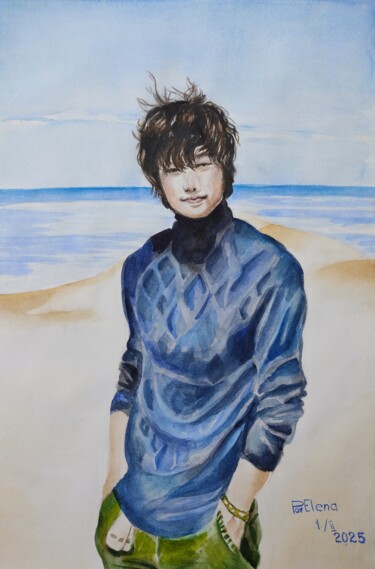 Pintura intitulada "Young man by the Se…" por Elena Povolokina (PovElena), Obras de arte originais, Aquarela