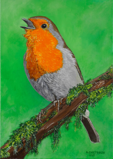 Pintura intitulada "Rouge gorge chantan…" por Chatroux André, Obras de arte originais, Acrílico Montado em Armação em madeira