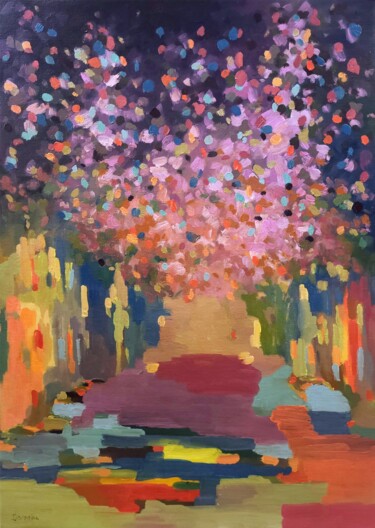 Painting titled "Сherry Blossom" by Anna Doronina, Original Artwork, Oil Mounted on Wood Stretcher frame