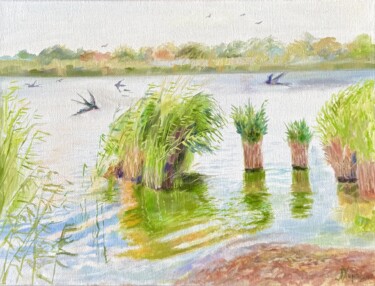 Peinture intitulée "Swallows by the riv…" par Liana Kharchenko, Œuvre d'art originale, Huile