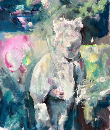 Painting titled "Girl With Balloon" by Zakhar Shevchuk, Original Artwork, Oil Mounted on Wood Stretcher frame