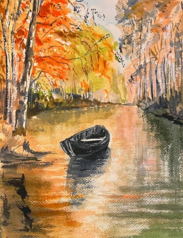 Painting titled "automne sur la barq…" by Jean-Francois Jehl, Original Artwork, Watercolor