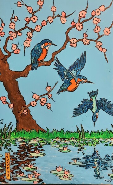 Painting titled "kingfisher diving" by Colin Ross Jack, Original Artwork, Acrylic Mounted on Wood Stretcher frame