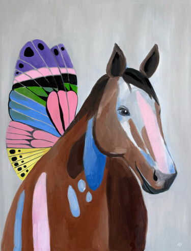 Schilderij getiteld "Horse with Butterfl…" door Alexa Yach, Origineel Kunstwerk, Olie Gemonteerd op Frame voor houten branca…