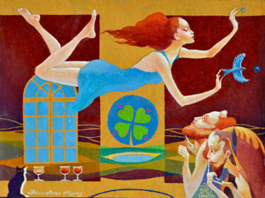 Painting titled "Blue Bird Flying" by Valeriy Kot, Original Artwork, Oil