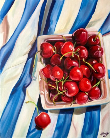 Painting titled "Sweet cherry" by Viktoryia Lautsevich, Original Artwork, Oil Mounted on Wood Stretcher frame