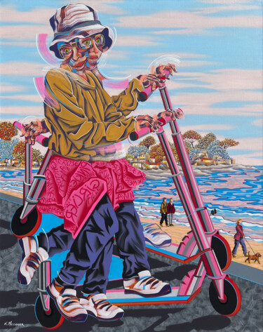 Malarstwo zatytułowany „Trotinette” autorstwa Laurent Messager, Oryginalna praca, Olej Zamontowany na Drewniana rama noszy