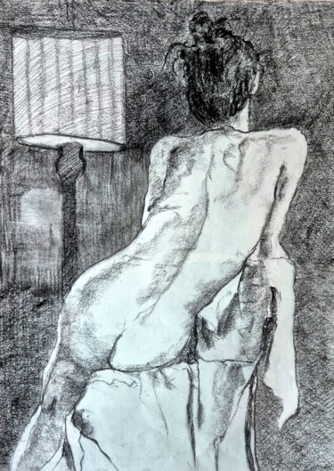Dessin intitulée "Gisèle in the studio" par Rosemay Dahan, Œuvre d'art originale, Fusain