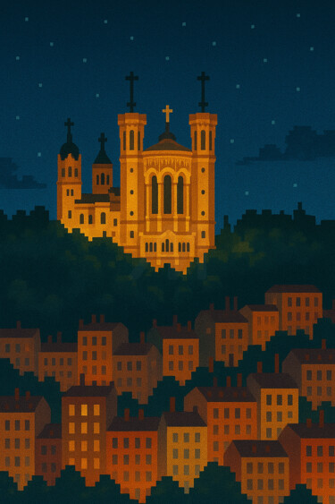 Digital Arts με τίτλο "Basilique de Fourvi…" από Oneink, Αυθεντικά έργα τέχνης, Εικόνα που δημιουργήθηκε με AI