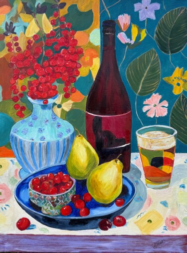 Painting titled "Viburnum and pears,…" by Elena Polischuk, Original Artwork, Oil Mounted on Wood Stretcher frame