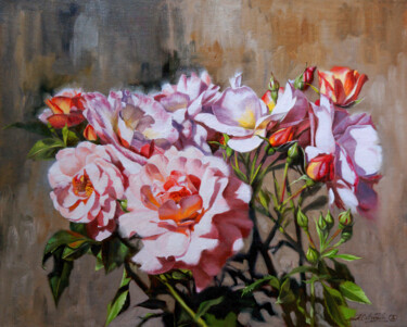 Pintura intitulada "Pink and Coral Rose…" por Lukian, Obras de arte originais, Óleo