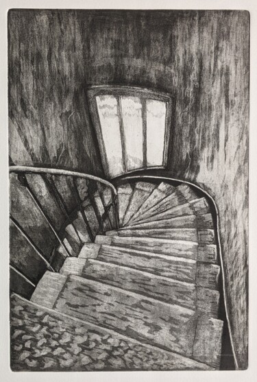 Gravures & estampes intitulée "Suspendre le temps" par Marie-Paule Demarquez, Œuvre d'art originale, Eau-forte Monté sur Car…