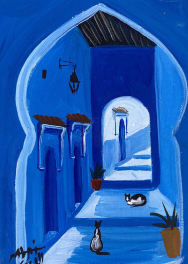 Painting titled "Chefchaouen Cats Pa…" by Redwan Elbazi, Original Artwork, Acrylic Mounted on Wood Stretcher frame