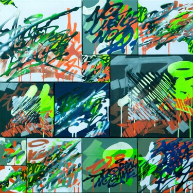 Malerei mit dem Titel "Orange Mécanik" von Just, Original-Kunstwerk, Sprühfarbe Auf Keilrahmen aus Holz montiert