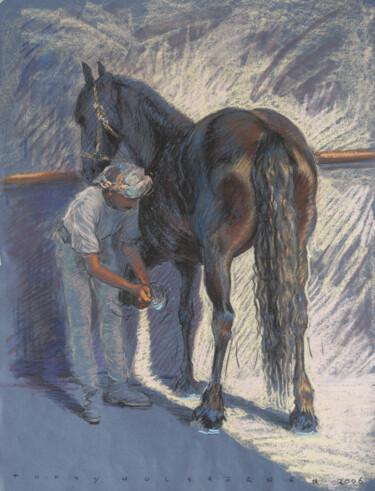 Peinture intitulée "Cleaning the horses…" par Tonny Holsbergen, Œuvre d'art originale, Pastel